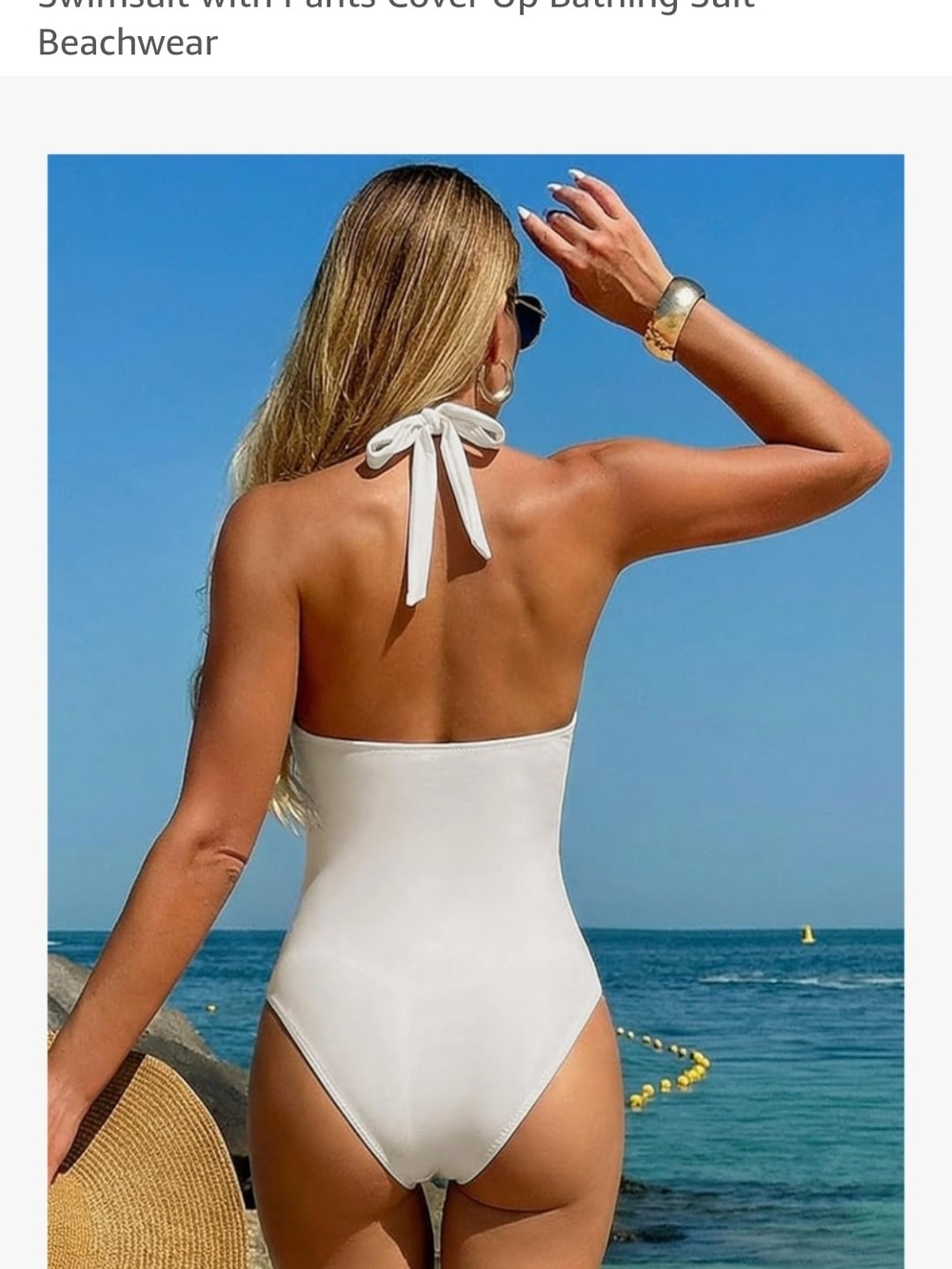 White Halter One-Piece Swimsuit with White & Tan Wide-Leg Printed Pants - Picture 7 of 9